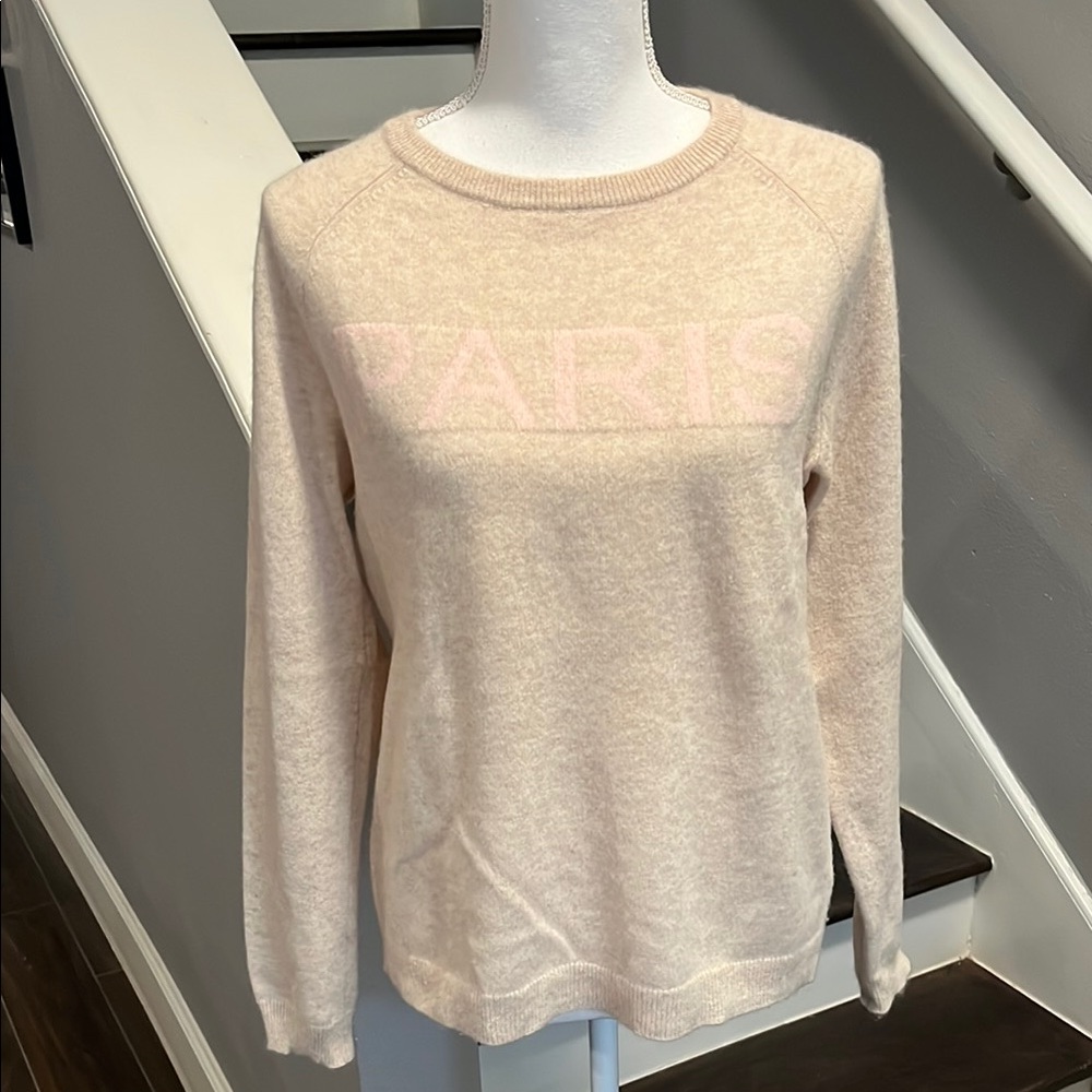 Philosophy Cashmere Cream Sweater with Pink Paris Text across the front. Lg
